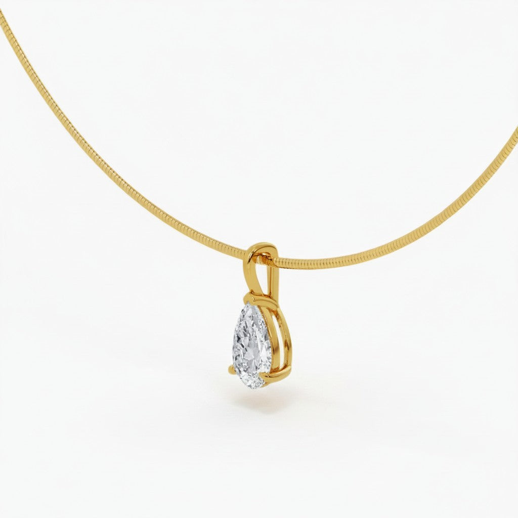 My Store 4 pear-cut diamond pendant on a sleek 18K yellow gold omega chain choker necklace.
