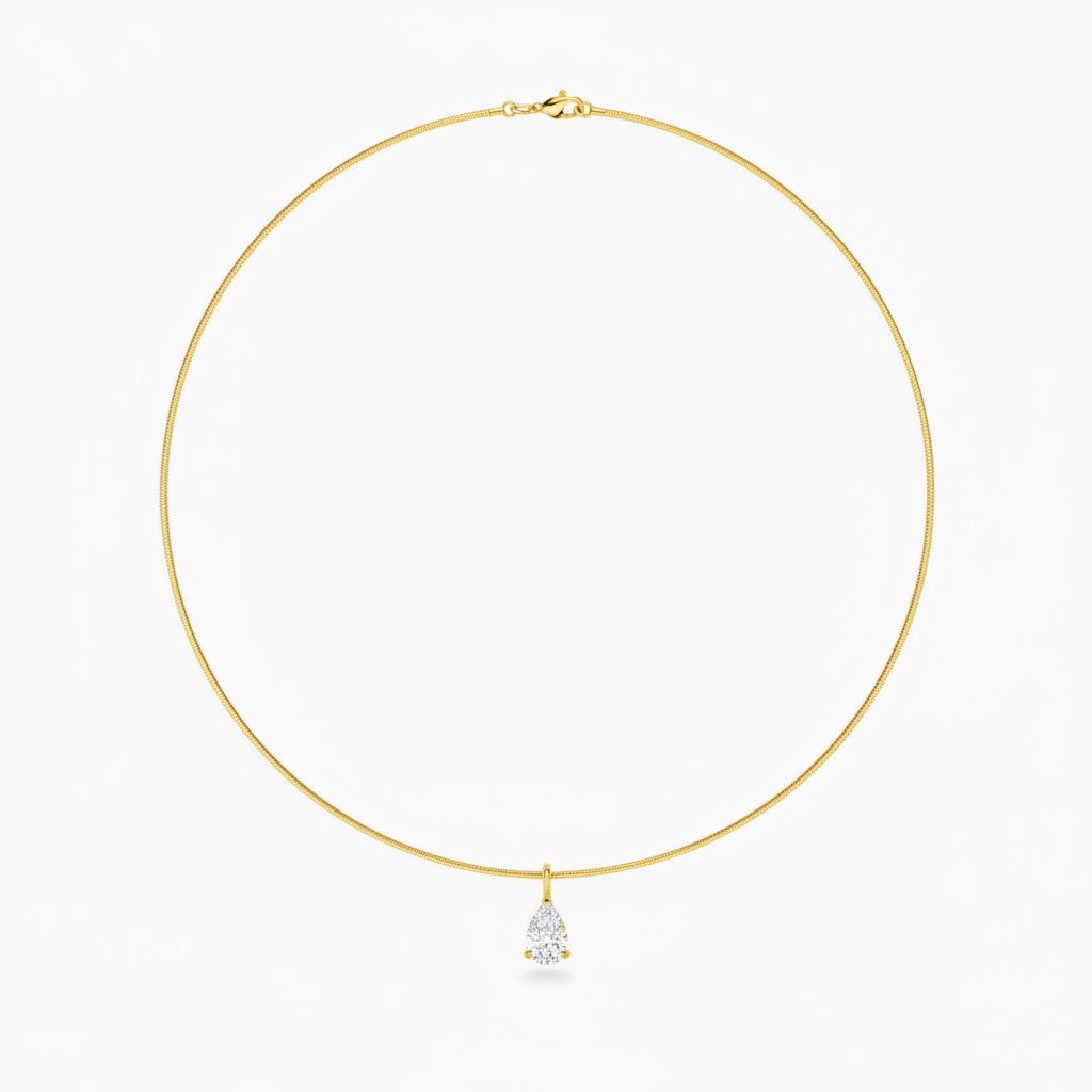 My Store 4 pear-cut diamond pendant on a sleek 18K yellow gold omega choker necklace with a secure box clasp.