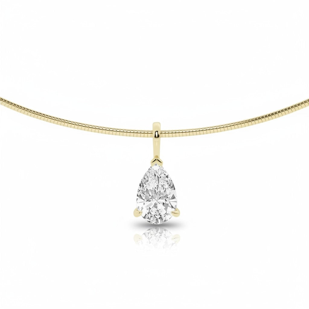 My Store 4 pear-cut diamond pendant on a sleek 18K yellow gold omega choker necklace with a slider bail