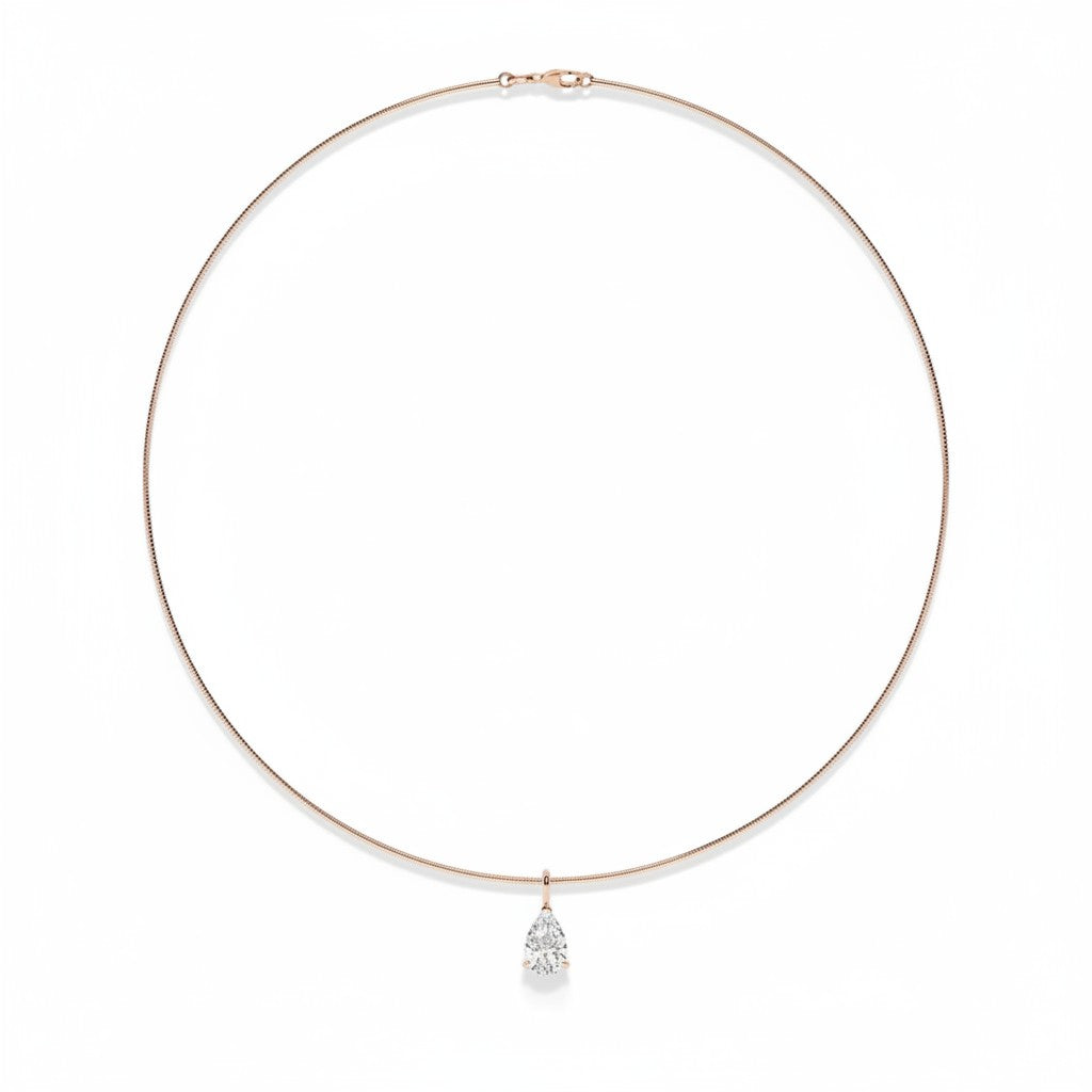 My Store 4 pear diamond omega choker necklace in 18K yellow gold with a teardrop pendant on a structured chain.