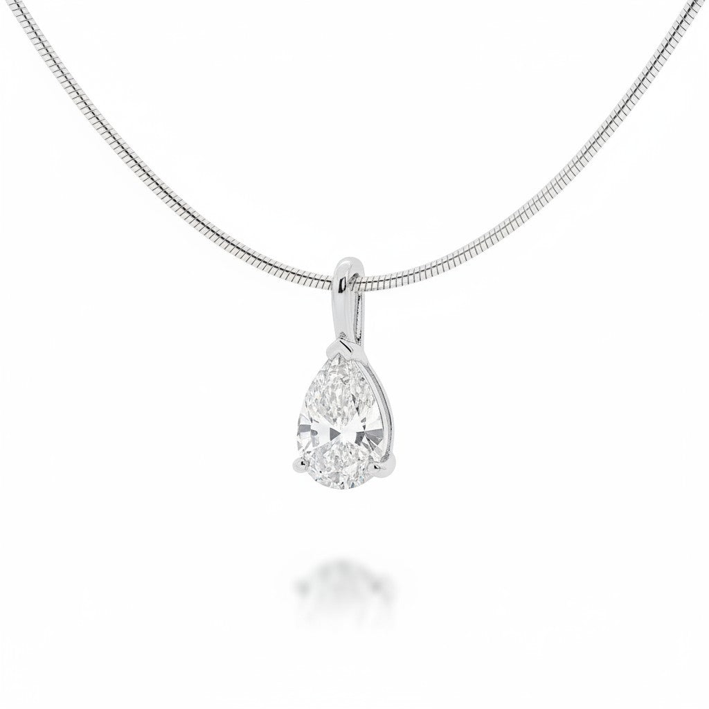 My Store 4 pear-cut diamond pendant on a sleek white gold omega chain, featuring a protective V-prong setting.