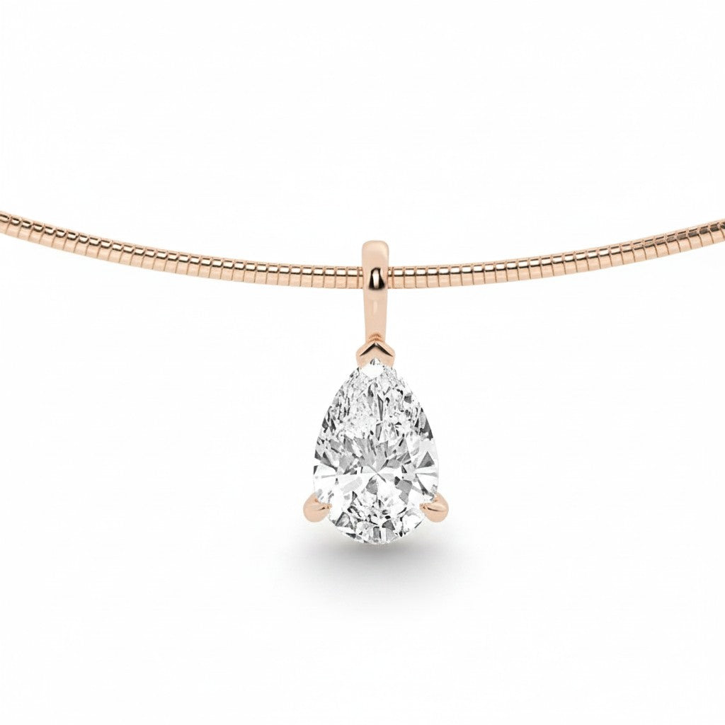 My Store 4 pear-cut diamond pendant on a rose gold omega choker chain with a V-prong setting.