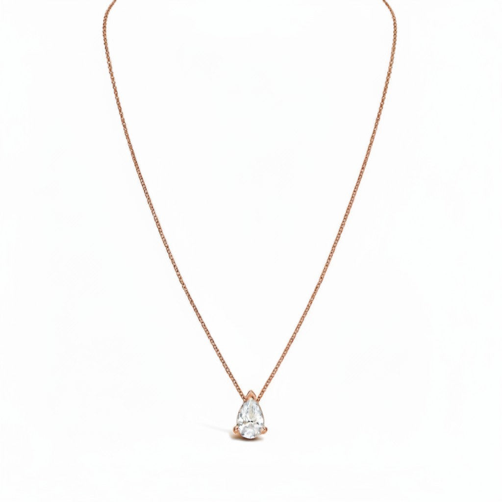 My Store 4 pear-cut diamond solitaire pendant necklace on a delicate rose gold cable chain with a floating design