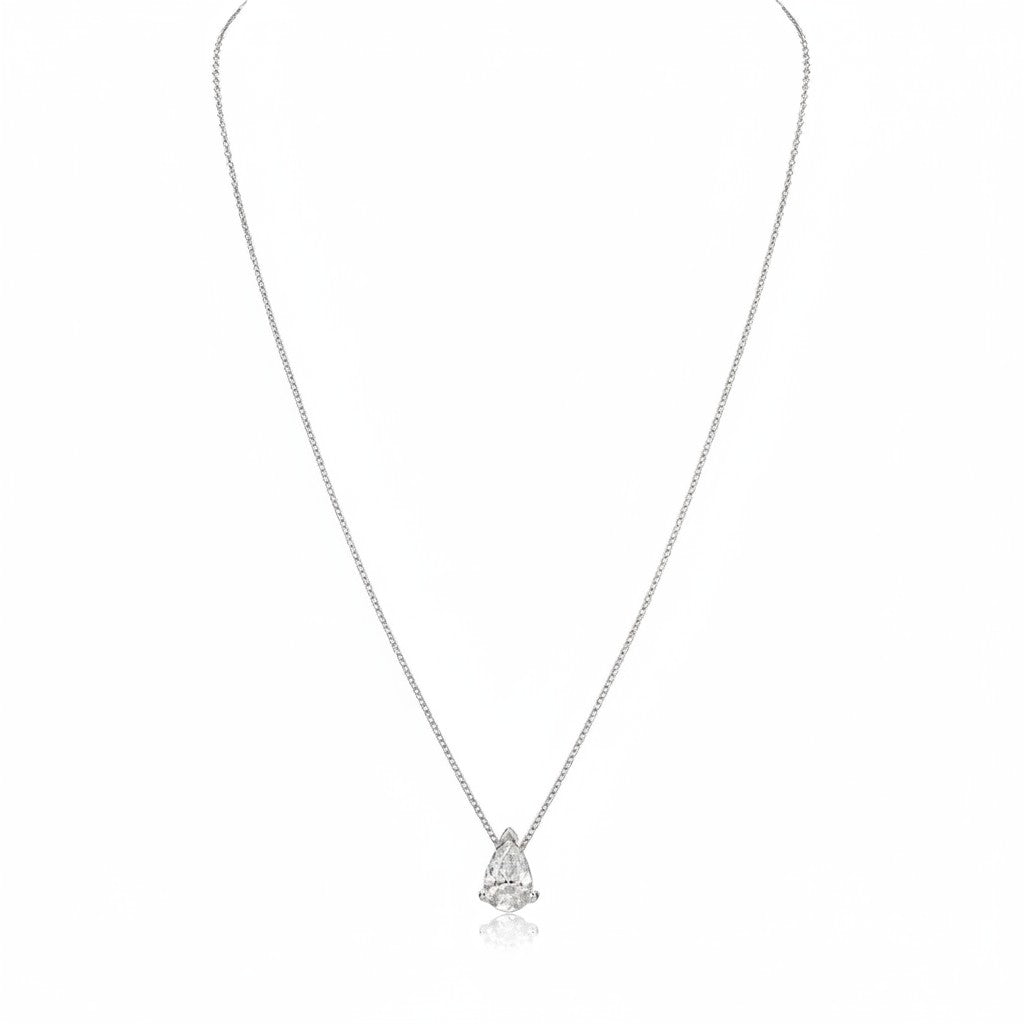 My Store 4 pear-cut diamond solitaire pendant necklace on a delicate white gold chain with a floating design.