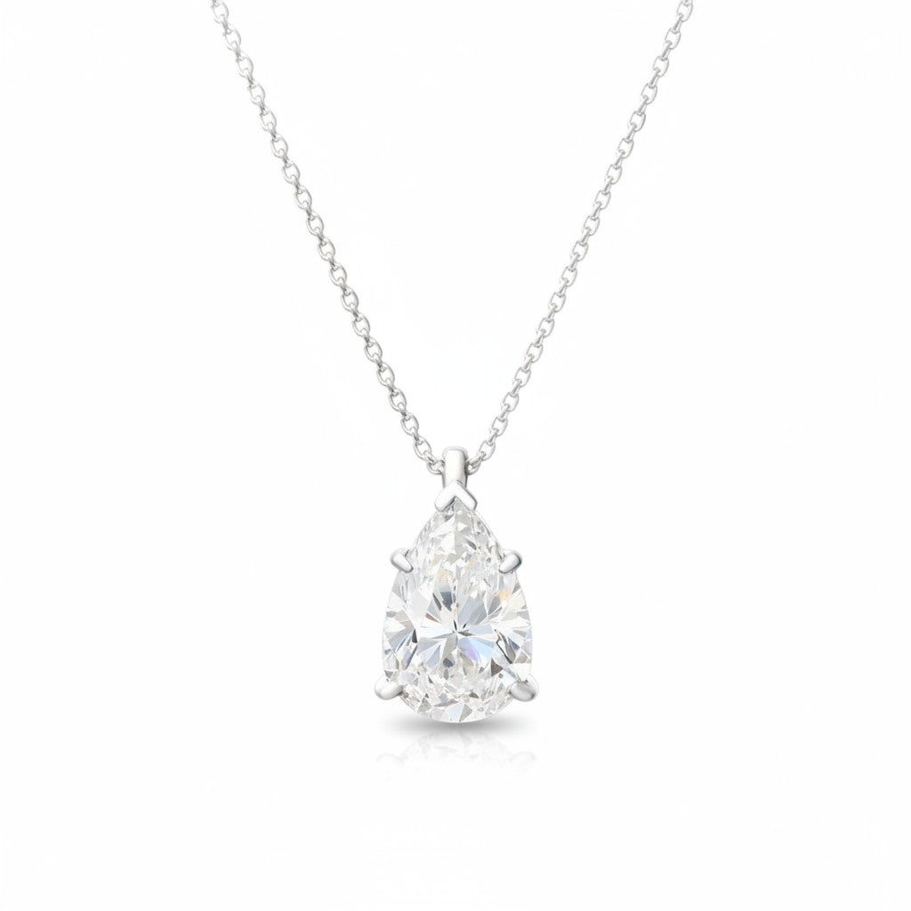 My Store 4 pear-shaped diamond solitaire pendant necklace in white gold with a delicate cable chain.
