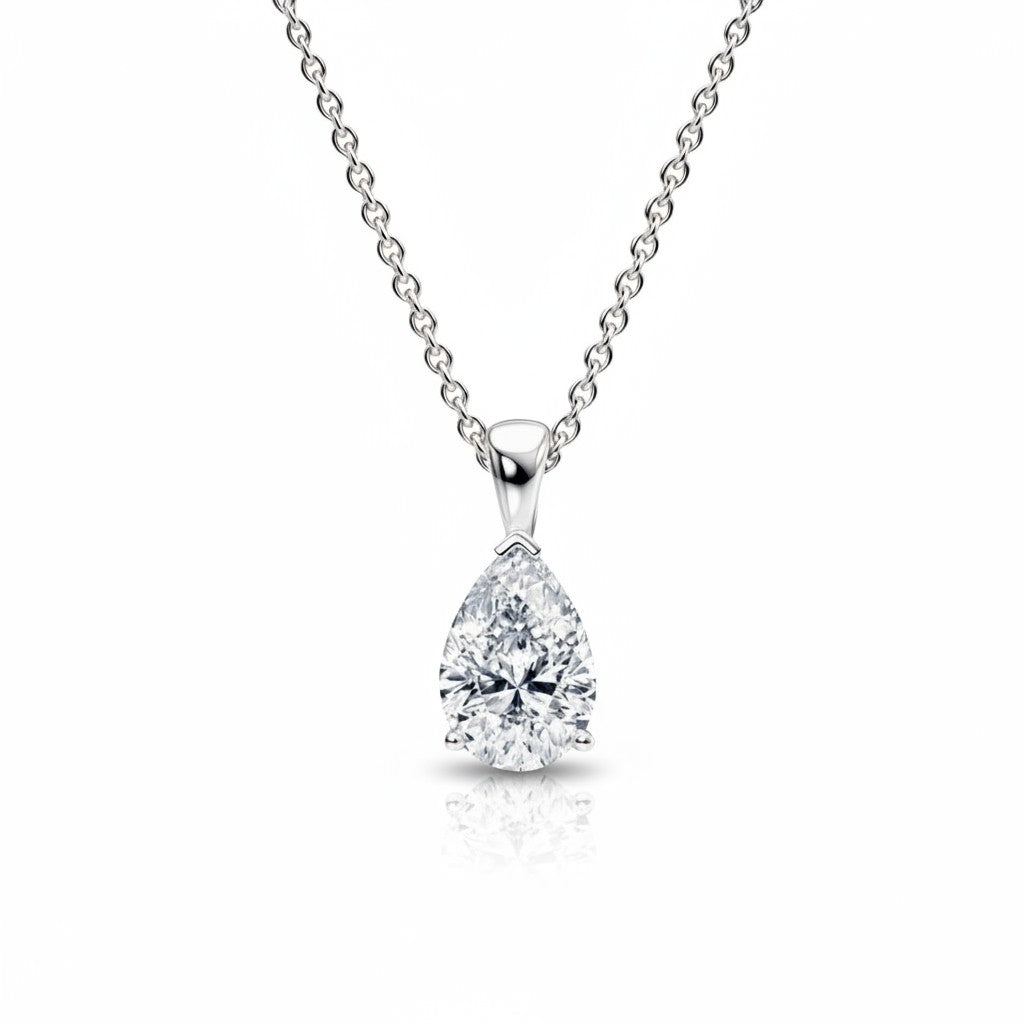 My Store 4 pear-cut diamond solitaire pendant on a delicate white gold cable chain with a tapered bail.
