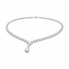 My Store 4 graduated pear diamond tennis necklace in white gold with a central teardrop pendant on a white background.
