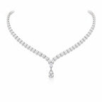 My Store 4 graduated pear-cut diamond tennis necklace in white gold with a central teardrop pendant on a white background