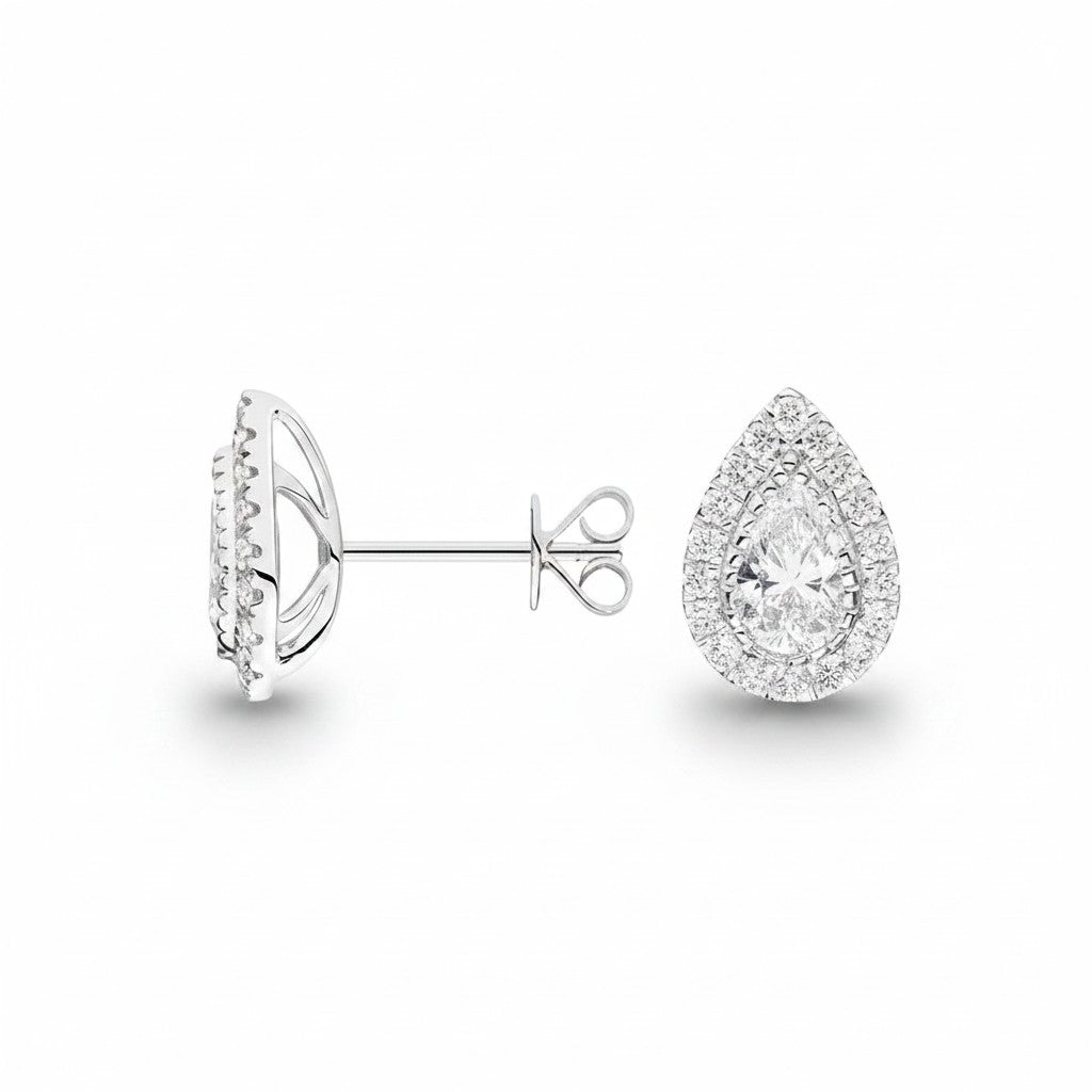 My Store 4 18K solid gold pear-shaped lab diamond stud earrings with a sparkling halo setting.