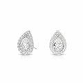 My Store 4 18K solid gold pear-shaped lab diamond stud earrings with a sparkling halo setting on a white background.