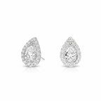 My Store 4 18K solid gold pear-shaped lab diamond stud earrings with a sparkling halo setting on a white background.