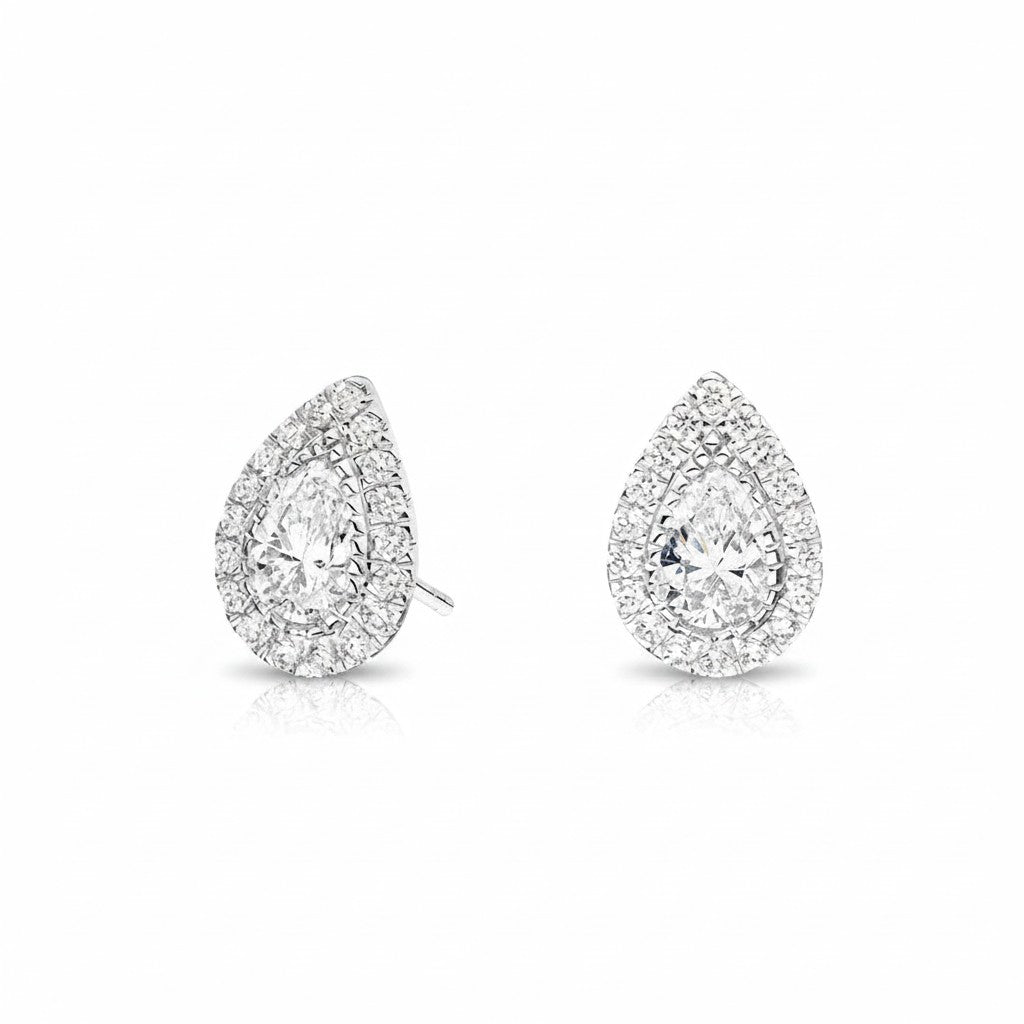 My Store 4 18K solid gold pear-shaped lab diamond stud earrings with a sparkling halo setting on a white background.