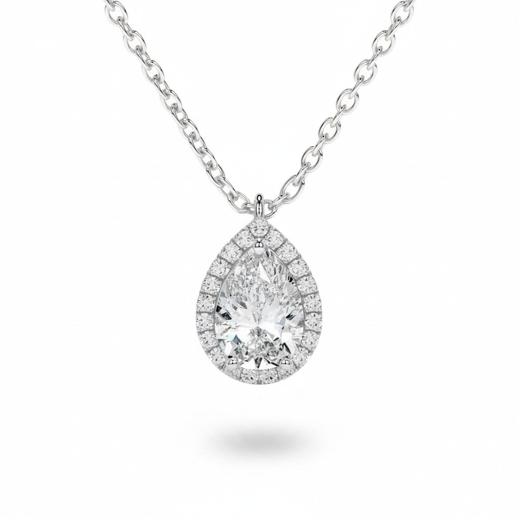 My Store 4 pear-cut diamond pendant necklace with a micro-pave halo on a delicate white gold chain.