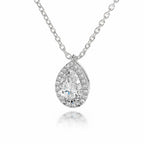 My Store 4 pear-cut diamond pendant with a micro-pave halo on a fine white gold chain, floating teardrop design.