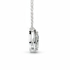 My Store 4 pear halo floating diamond pendant necklace in white gold with a delicate cable chain side view.