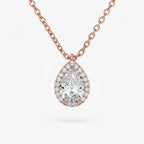 My Store 4 pear-cut diamond pendant necklace with a micro-pave halo on a delicate rose gold cable chain.