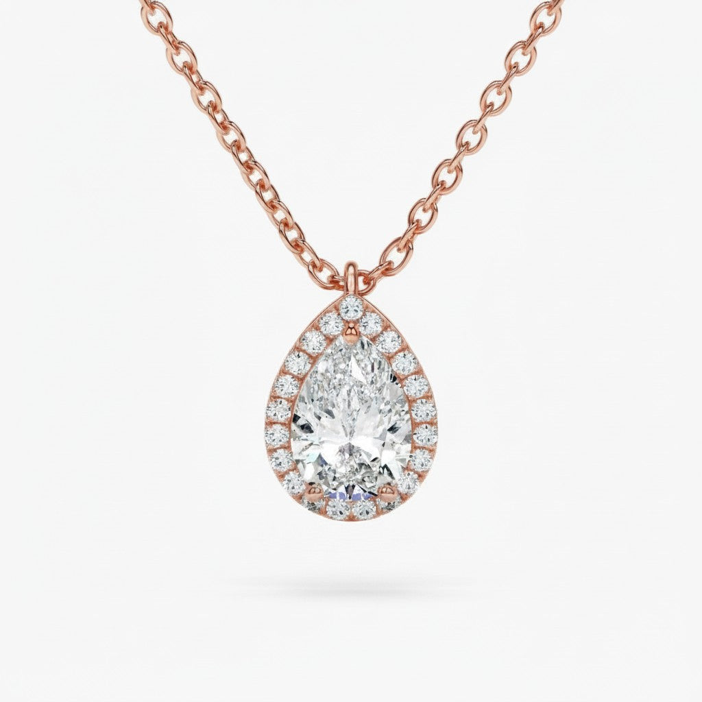 My Store 4 pear-cut diamond pendant necklace with a micro-pave halo on a delicate rose gold cable chain.