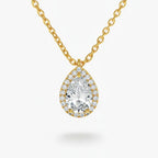 My Store 4 pear-cut diamond pendant necklace with a micro-pave halo on a delicate 18K yellow gold cable chain.