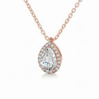 My Store 4 pear-cut diamond pendant necklace with a micro-pave halo on a delicate rose gold cable chain.