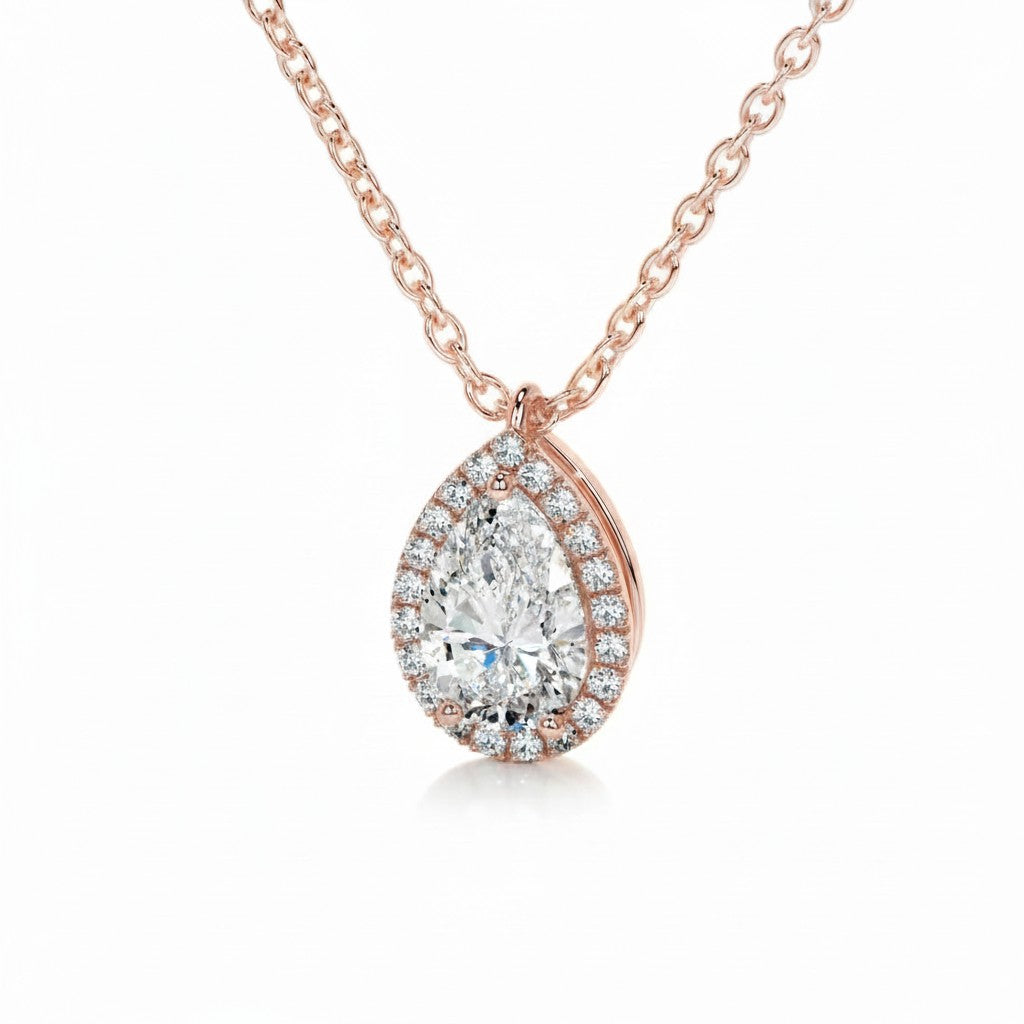 My Store 4 pear-cut diamond pendant necklace with a micro-pave halo on a delicate rose gold cable chain.