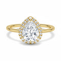 My Store 4 18K solid gold pear-shaped halo engagement ring with a 2ct lab-grown diamond on a white background.