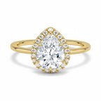 My Store 4 18K solid gold pear-shaped halo engagement ring with a 2ct lab-grown diamond on a white background.