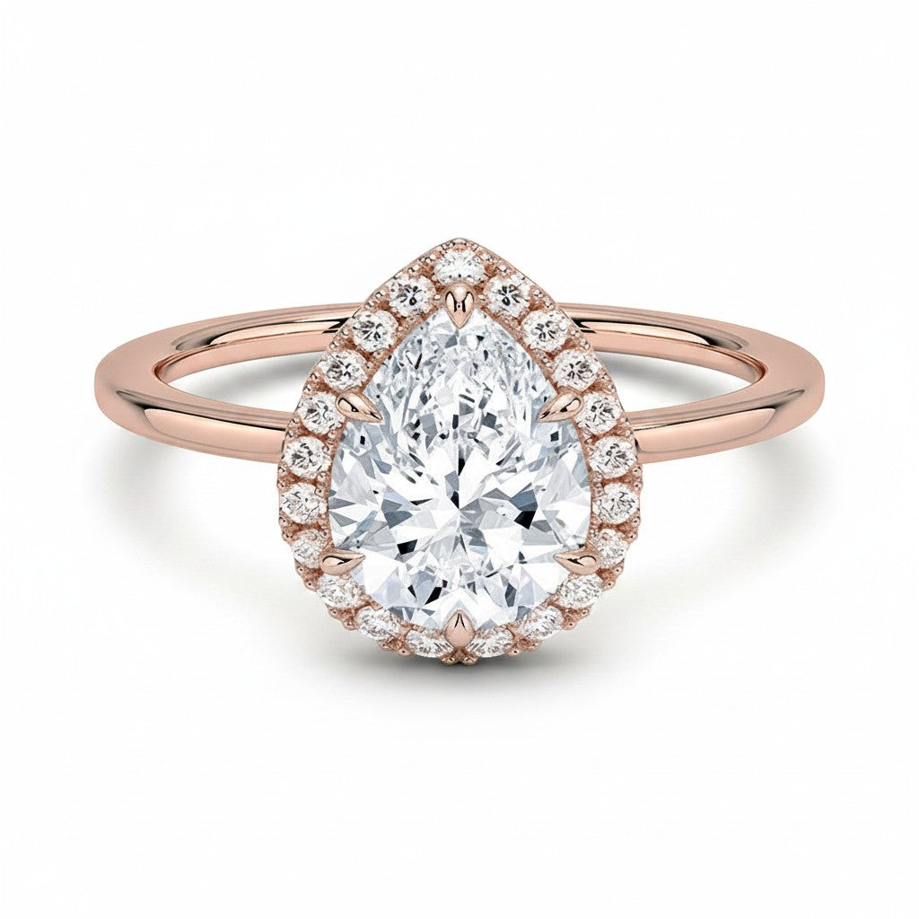 My Store 4 18K solid rose gold pear-shaped halo lab-grown diamond engagement ring set