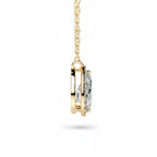 My Store 4 pear halo floating diamond pendant in 18K yellow gold, showing a side profile of the bail-free setting.