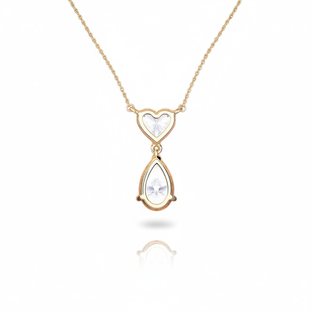 My Store 4 pear and heart diamond drop pendant necklace in 18K yellow gold with articulated two-stone design.