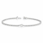 My Store 4 white gold tennis bracelet featuring a continuous line of round diamonds and a central pear-cut diamond.