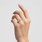 My Store 4 18K solid gold trilogy ring featuring a pear-cut fancy pink lab diamond on a woman's finger