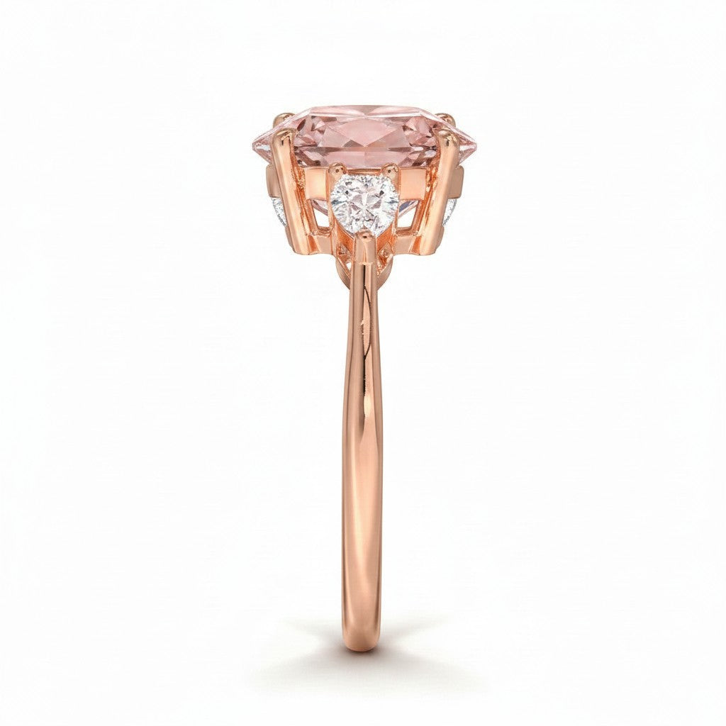My Store 4 18K solid gold trilogy ring featuring a pear-cut fancy color diamond and side stones, side profile view.