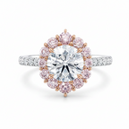 My Store 4 18K solid gold vintage halo ring featuring a round fancy pink lab-grown diamond with sparkling accents.