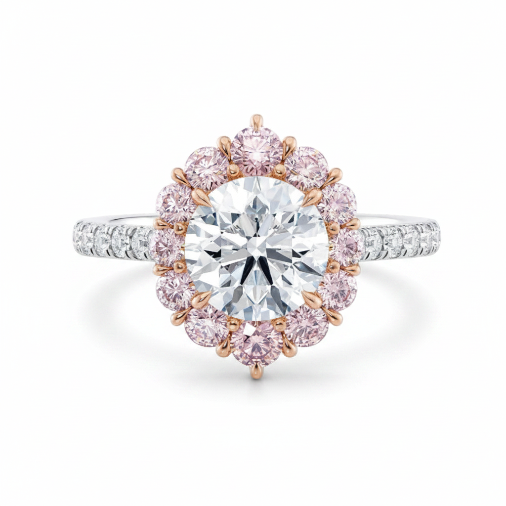 My Store 4 18K solid gold vintage halo ring featuring a round fancy pink lab-grown diamond with sparkling accents.