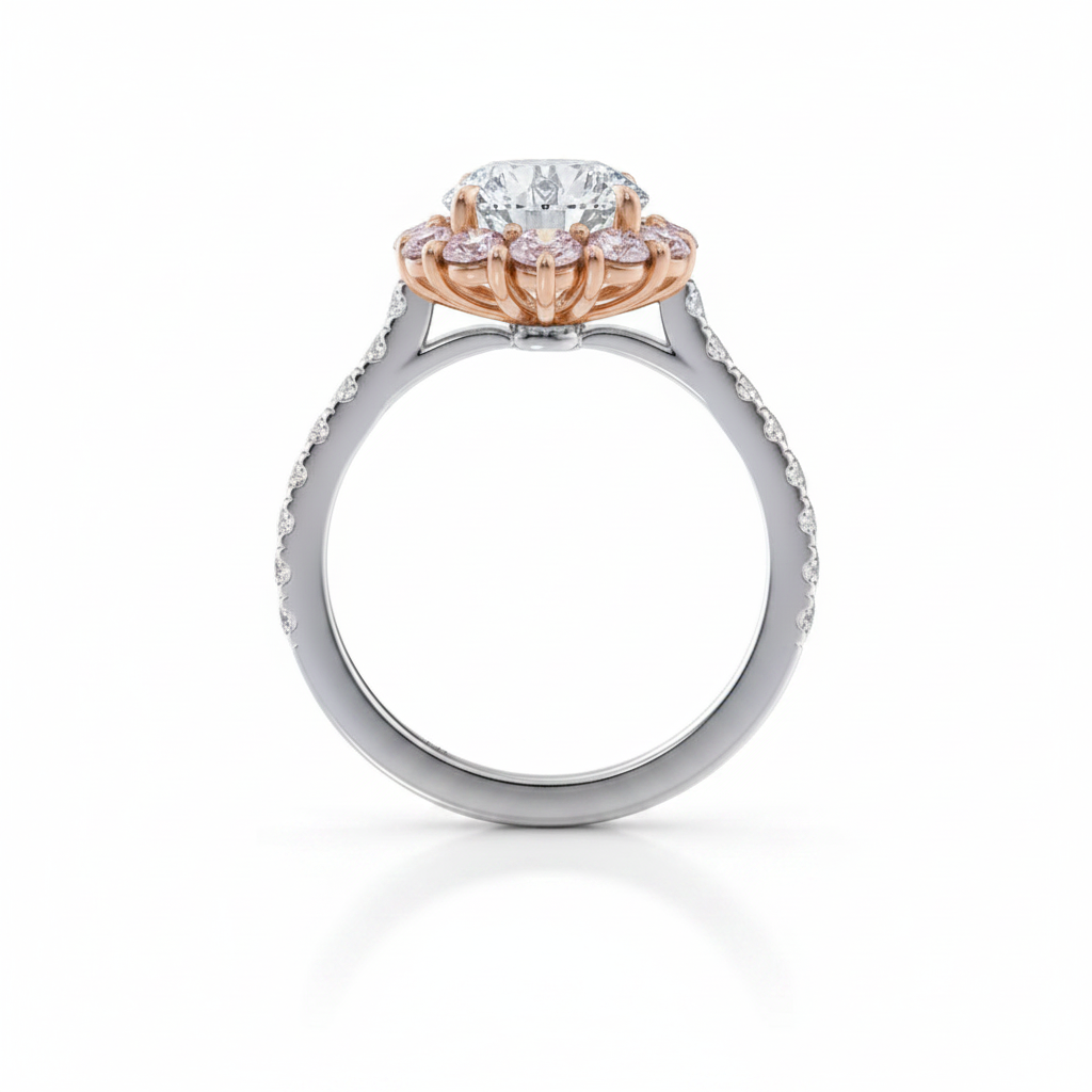 My Store 4 18K solid gold vintage halo ring featuring a round fancy pink lab-grown diamond on a diamond-set band.