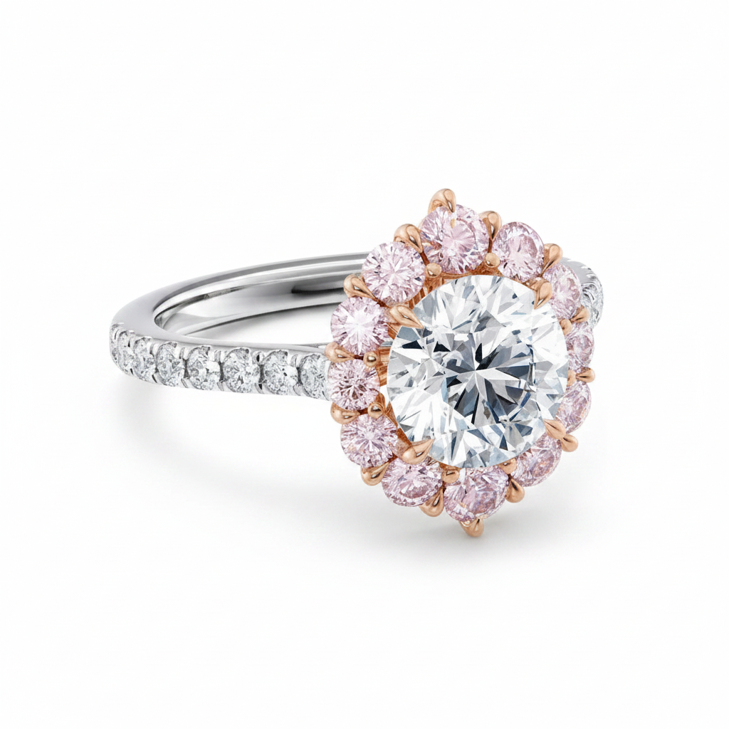 My Store 4 18K gold ring featuring a round lab-grown diamond with a vintage pink diamond halo and pavé band