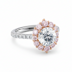 My Store 4 18K gold ring featuring a round lab-grown diamond with a vintage pink diamond halo and pavé band