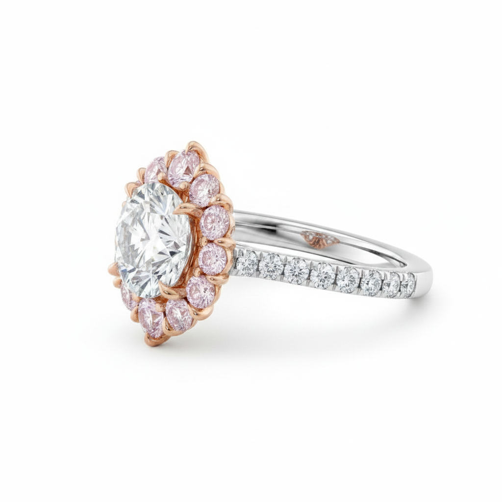 My Store 4 18K gold vintage halo ring featuring a round fancy pink lab-grown diamond and sparkling diamond band
