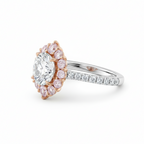 My Store 4 18K gold vintage halo ring featuring a round fancy pink lab-grown diamond and sparkling diamond band