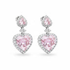 My Store 4 18K solid gold drop earrings featuring 7 carat pink heart-shaped lab-grown diamonds with a sparkling halo.