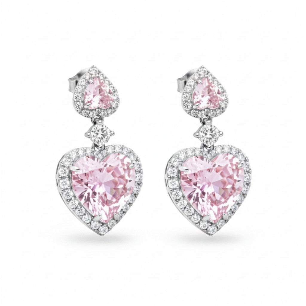 My Store 4 18K solid gold drop earrings featuring 7 carat pink heart-shaped lab-grown diamonds with a sparkling halo.