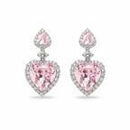 My Store 4 18K solid gold drop earrings featuring 7-carat pink heart-shaped lab-grown diamonds in a radiant halo setting.