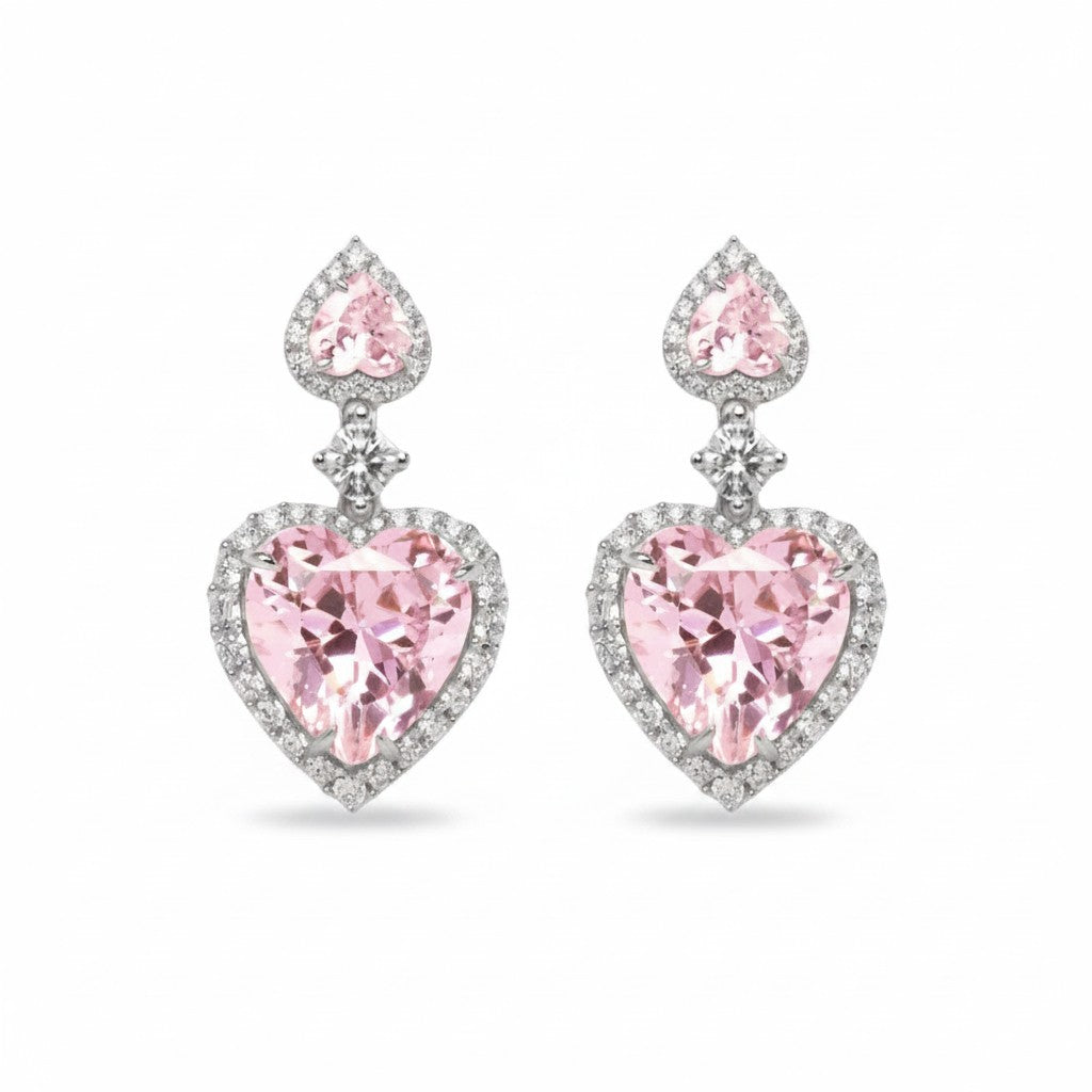 My Store 4 18K solid gold drop earrings featuring 7-carat pink heart-shaped lab-grown diamonds in a radiant halo setting.