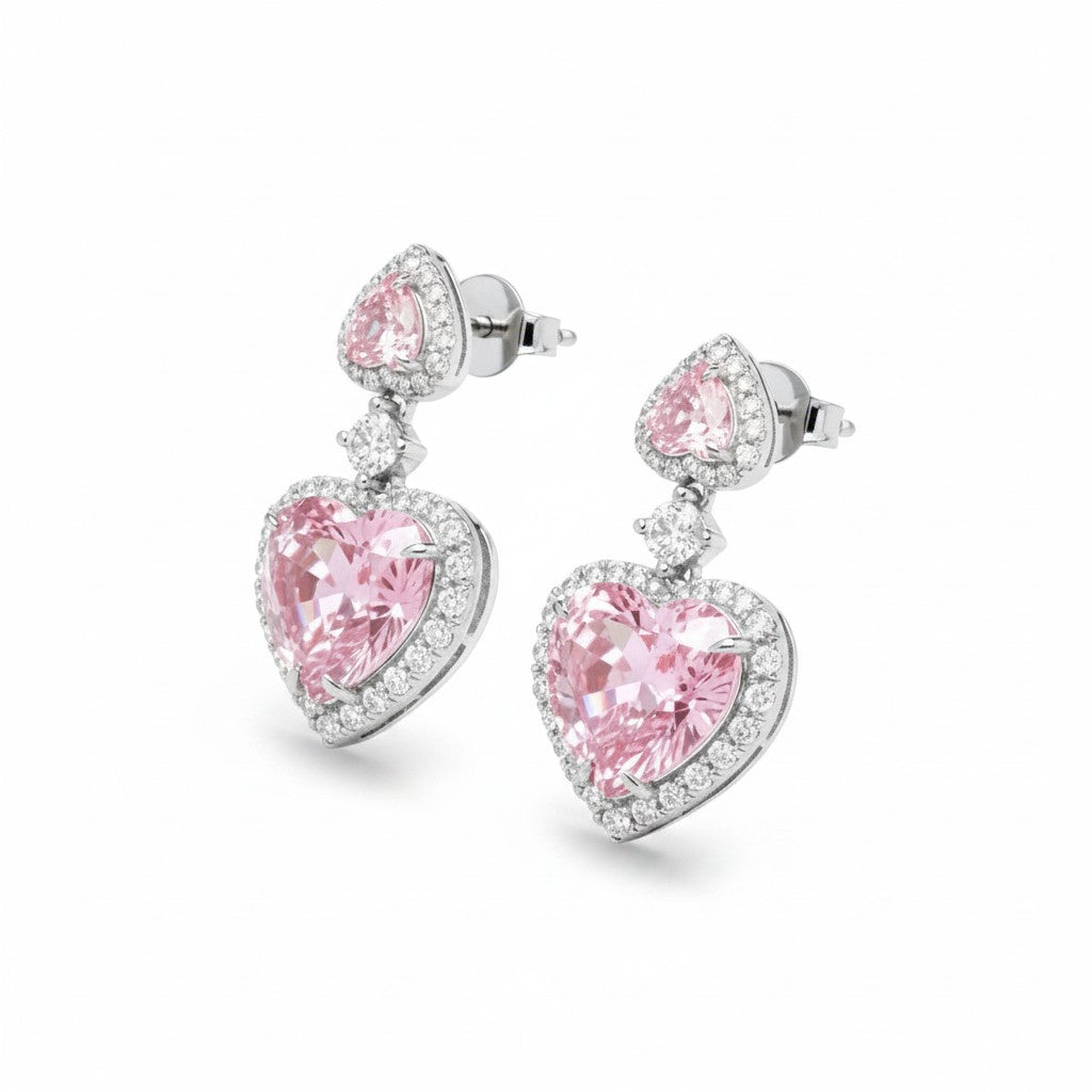 My Store 4 18K solid gold drop earrings featuring 7 carat pink heart-shaped lab-grown diamonds with halo settings.