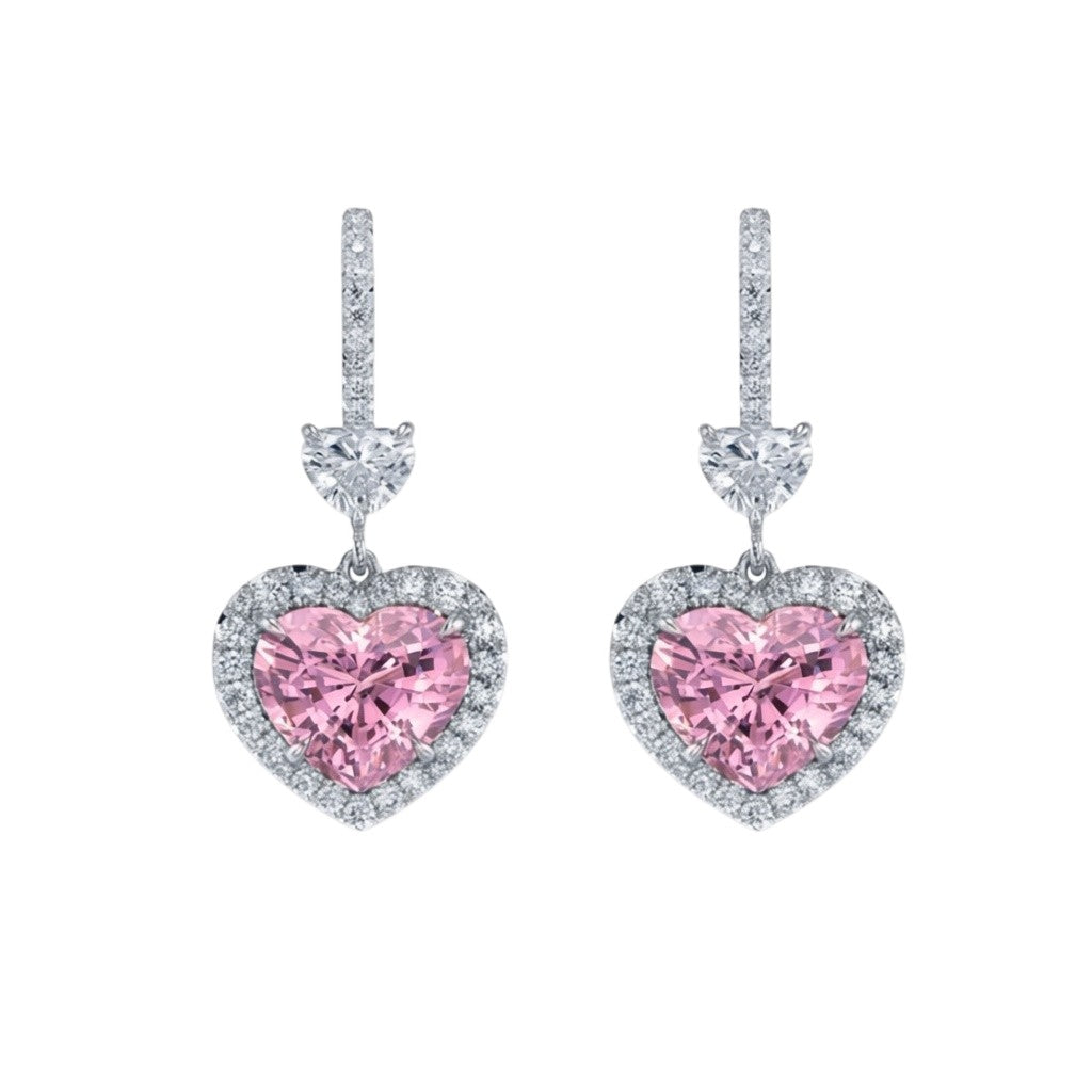 My Store 4 18K solid gold drop earrings featuring pink heart-shaped lab-grown diamonds with sparkling halo settings.
