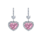 My Store 4 18K solid gold drop earrings featuring pink heart-shaped lab-grown diamonds with sparkling halo settings.