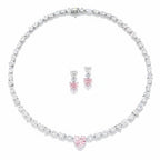 My Store 4 mixed cut white diamond tennis necklace with a central pink heart diamond and matching drop earrings.