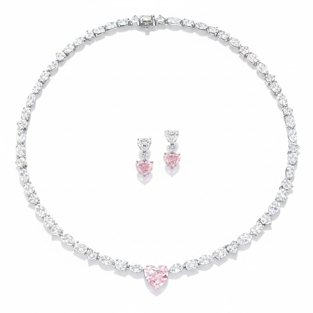My Store 4 mixed cut white diamond tennis necklace with a central pink heart diamond and matching drop earrings.
