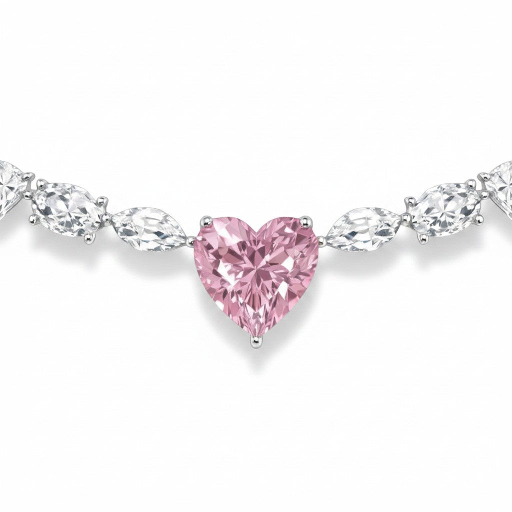 My Store 4 fancy pink heart-cut diamond tennis necklace with alternating marquise and round white diamonds in gold
