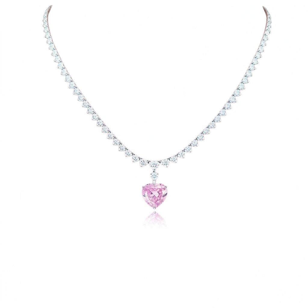 My Store 4 pink heart-cut diamond pendant necklace with a graduating line of white heart-cut diamonds in 18K white gold.
